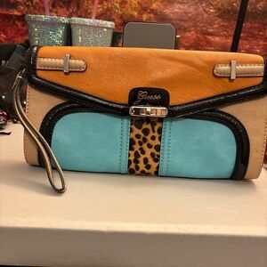 Guess Orange and Blue Clutch with Leopard Accent